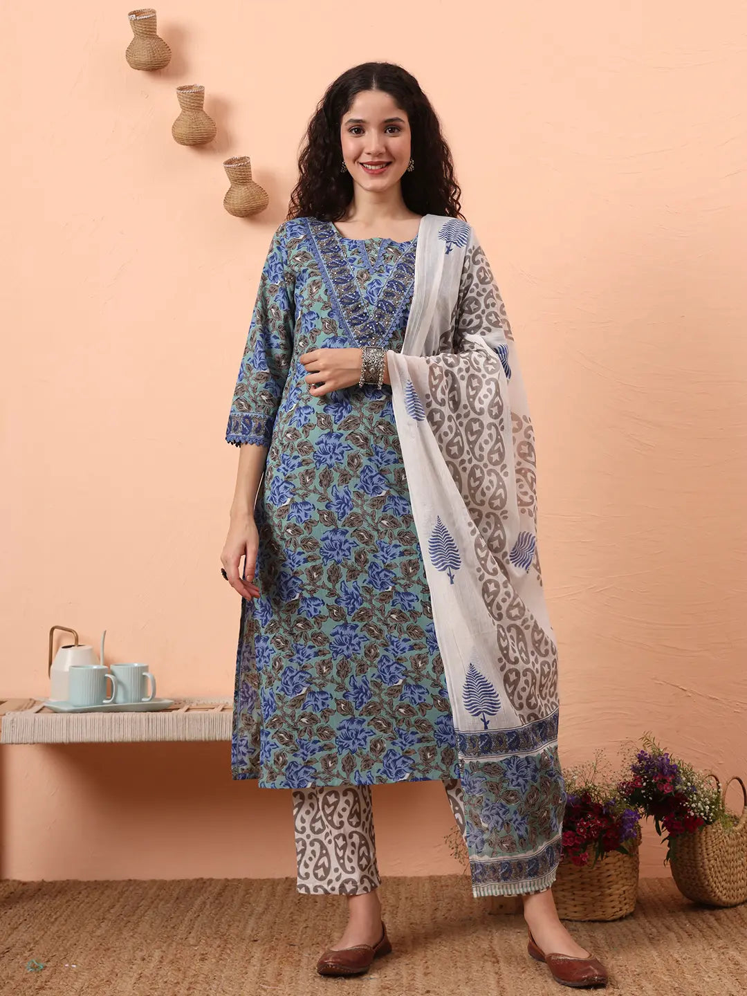 Yufta Rama Green And Blue Floral Sequins Work Straight Kurta Trouser Dupatta Set | Grocsy