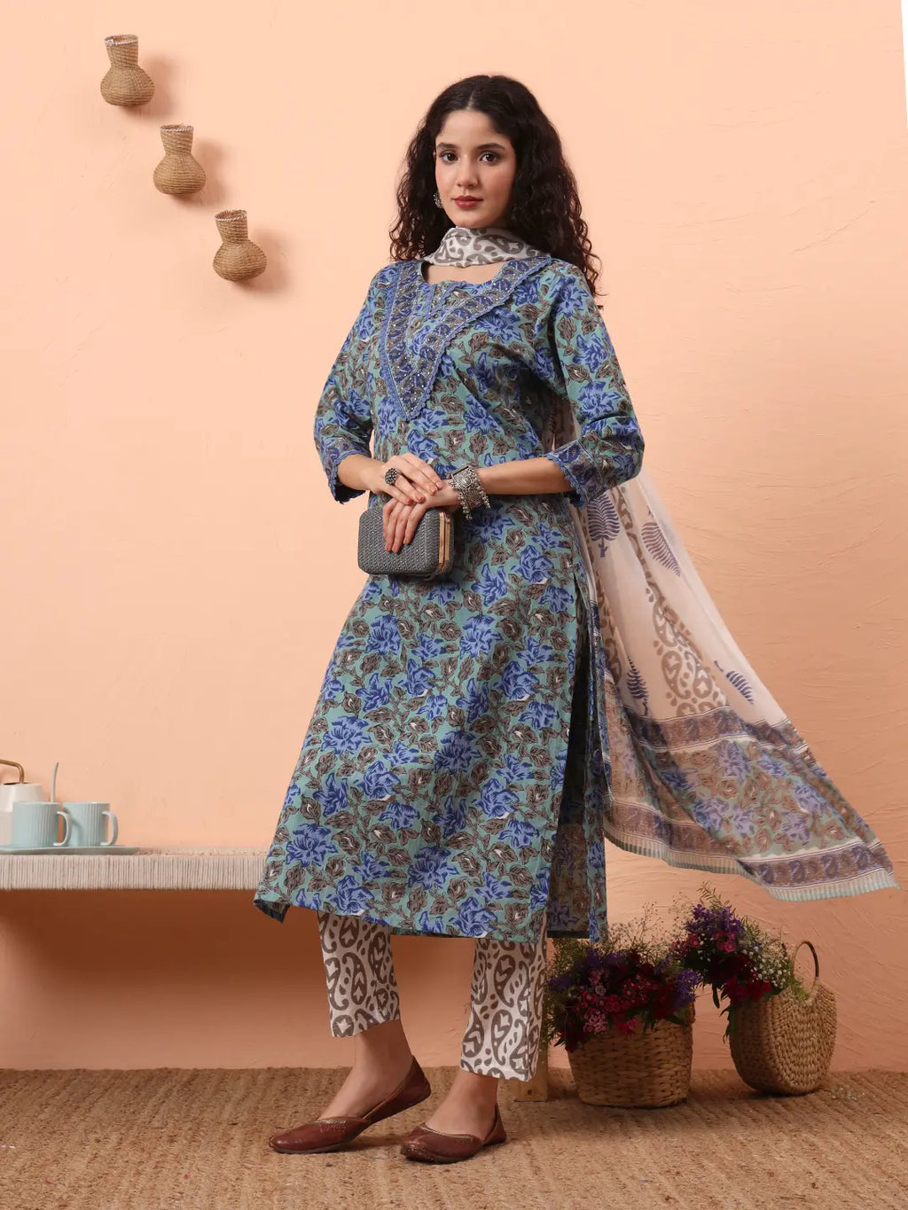 Yufta Rama Green And Blue Floral Sequins Work Straight Kurta Trouser Dupatta Set | Grocsy