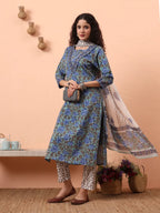 Yufta Rama Green And Blue Floral Sequins Work Straight Kurta Trouser Dupatta Set | Grocsy
