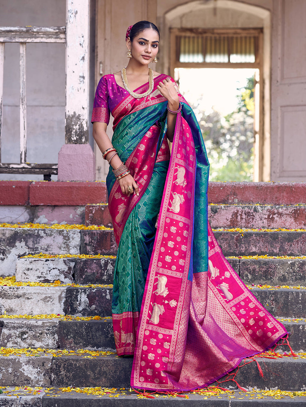 Anaita Rama Soft Silk Woven Saree With Blouse | Grocsy