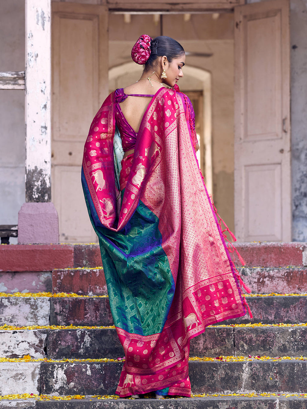 Anaita Rama Soft Silk Woven Saree With Blouse | Grocsy