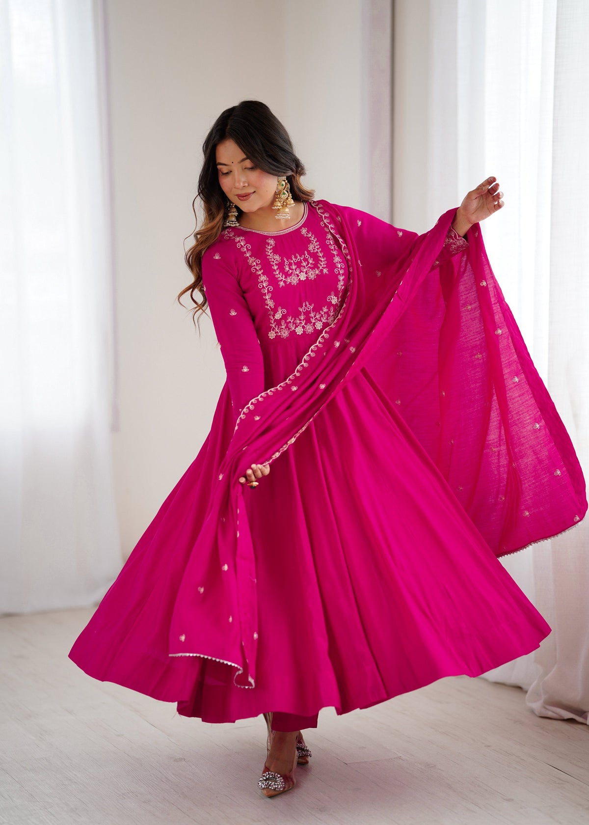 Evanik Ranipink Pure Roman Shimmer Chanderi Beads Work Anarkali Suit | Grocsy