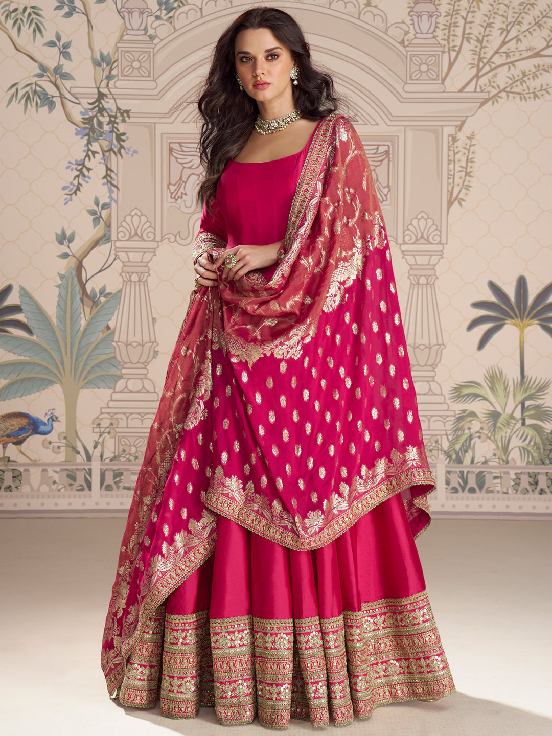 Evanik Women Pink Embroidered Design Wedding Gown with Dupatta | Grocsy