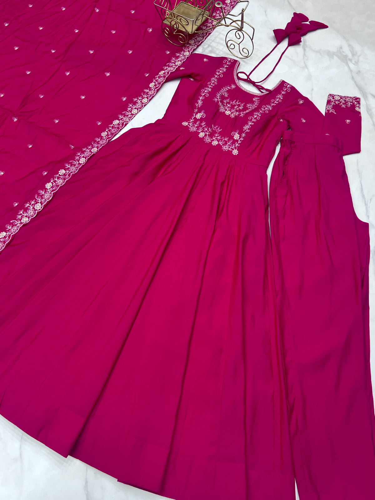 Evanik Ranipink Pure Roman Shimmer Chanderi Beads Work Anarkali Suit | Grocsy
