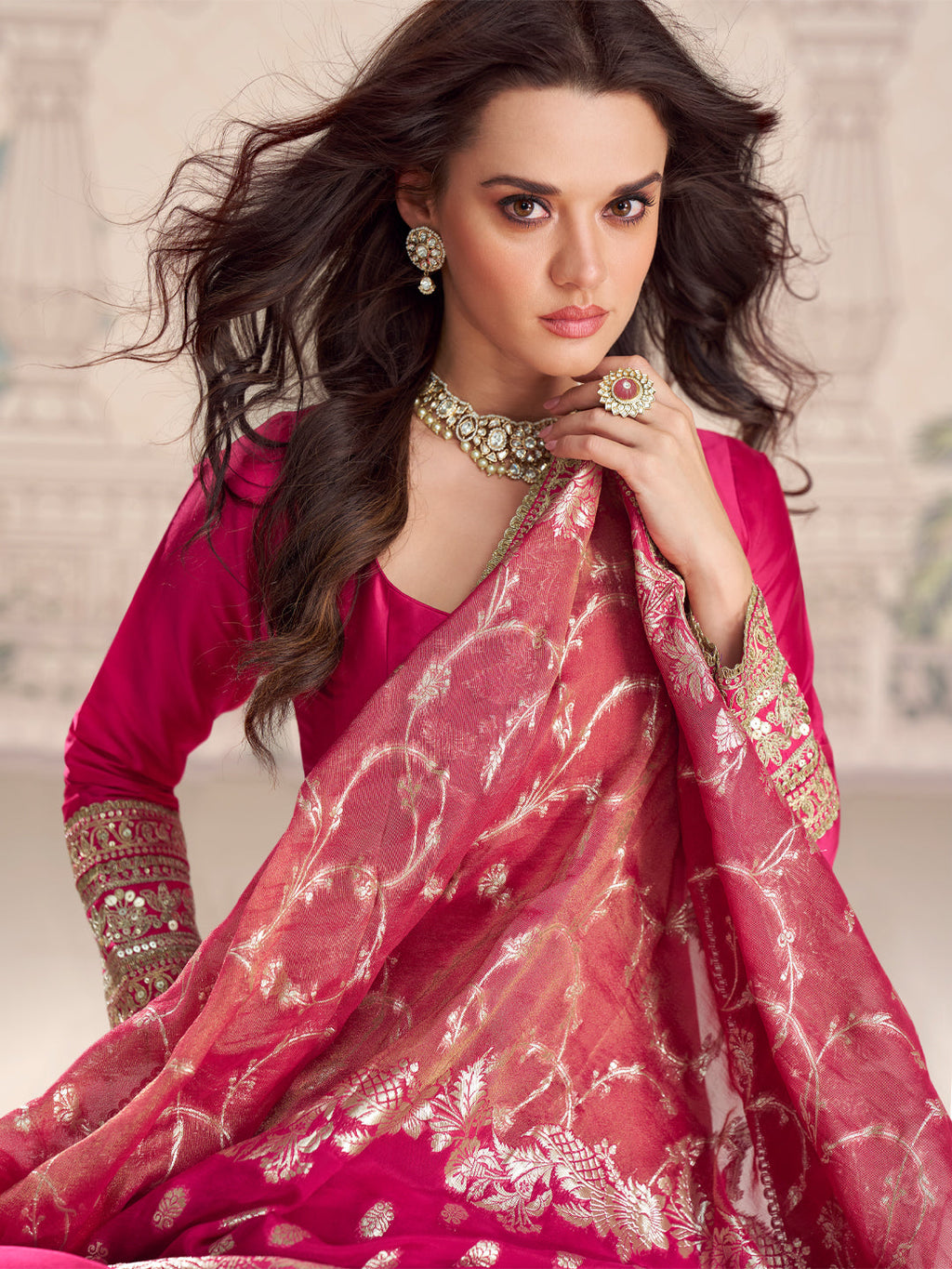 Evanik Women Pink Embroidered Design Wedding Gown with Dupatta | Grocsy