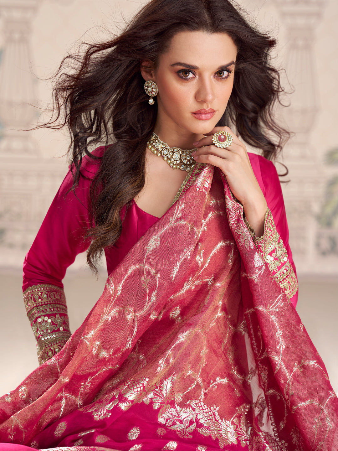 Evanik Women Pink Embroidered Design Wedding Gown with Dupatta | Grocsy