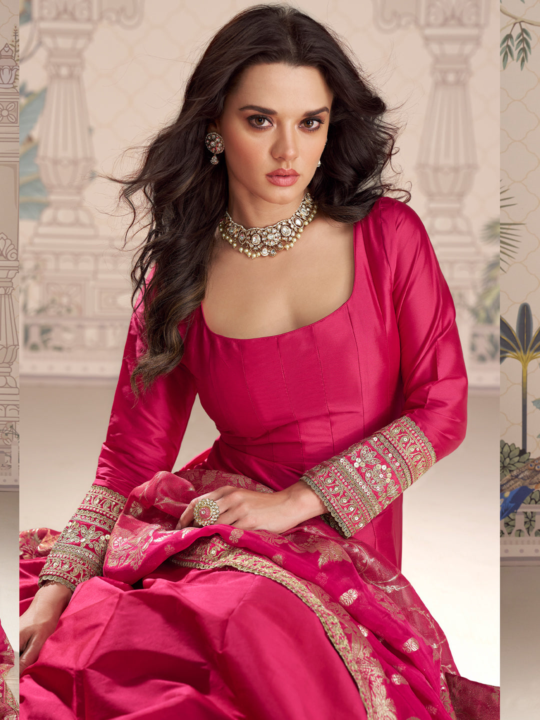 Evanik Women Pink Embroidered Design Wedding Gown with Dupatta | Grocsy