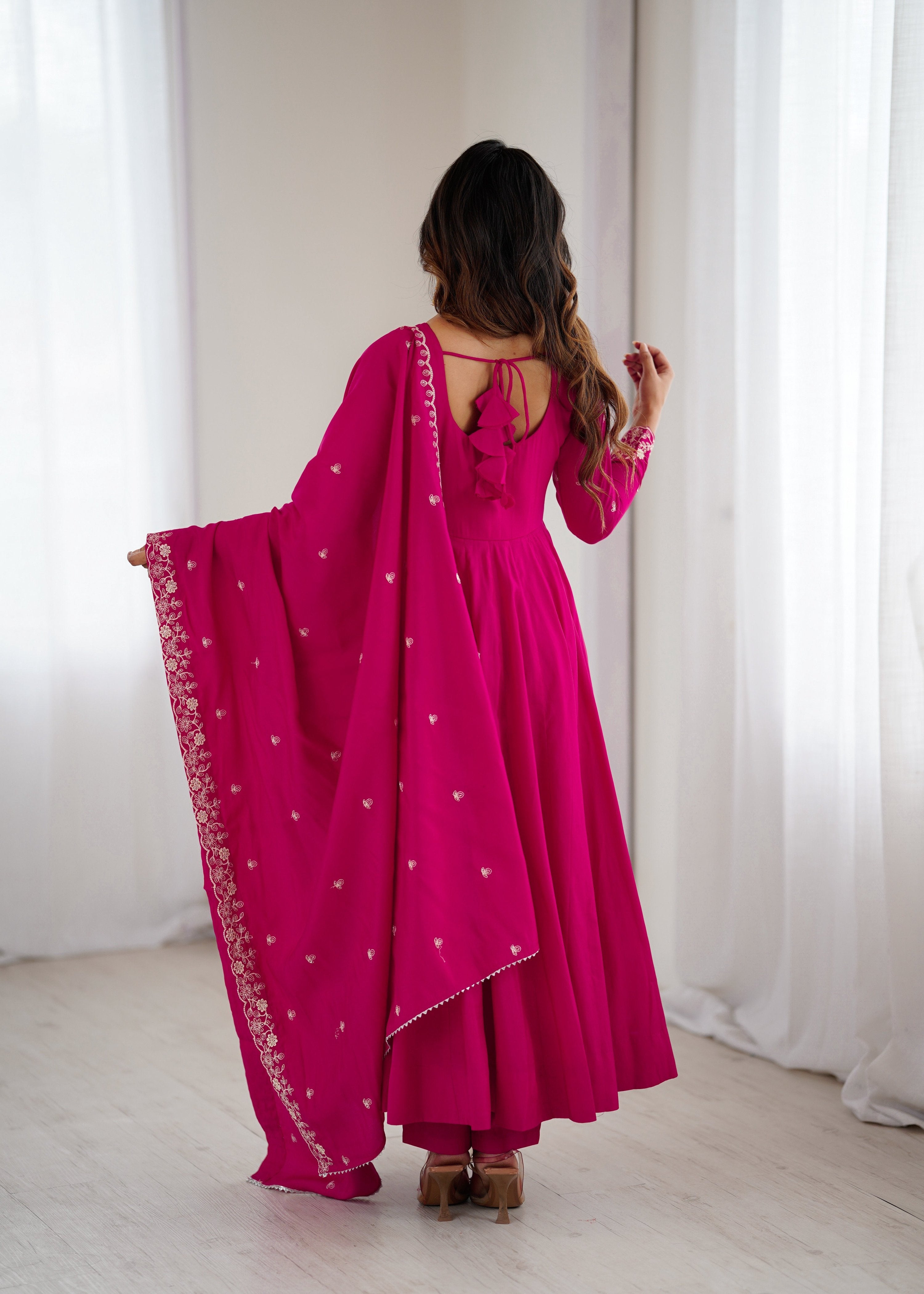 Evanik Ranipink Pure Roman Shimmer Chanderi Beads Work Anarkali Suit | Grocsy