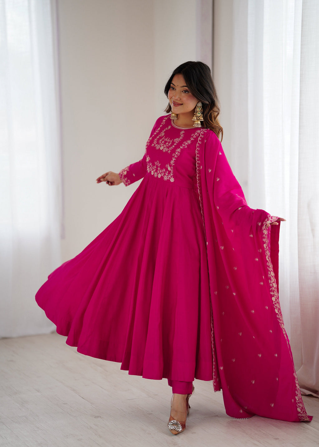 Evanik Ranipink Pure Roman Shimmer Chanderi Beads Work Anarkali Suit | Grocsy