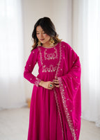 Evanik Ranipink Pure Roman Shimmer Chanderi Beads Work Anarkali Suit | Grocsy