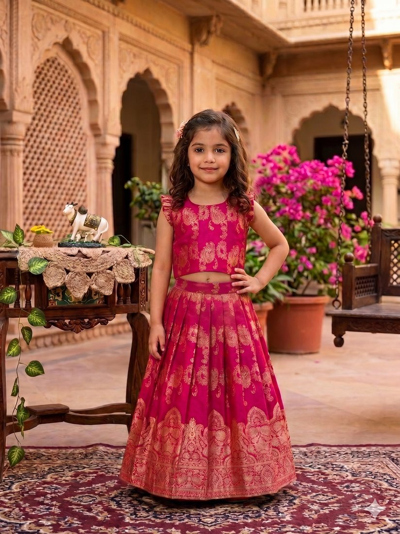 Evanik Ranipink Banarasi Silk Kids Lehenga Choli Set with Zari Jacquard Work for Girls | Grocsy