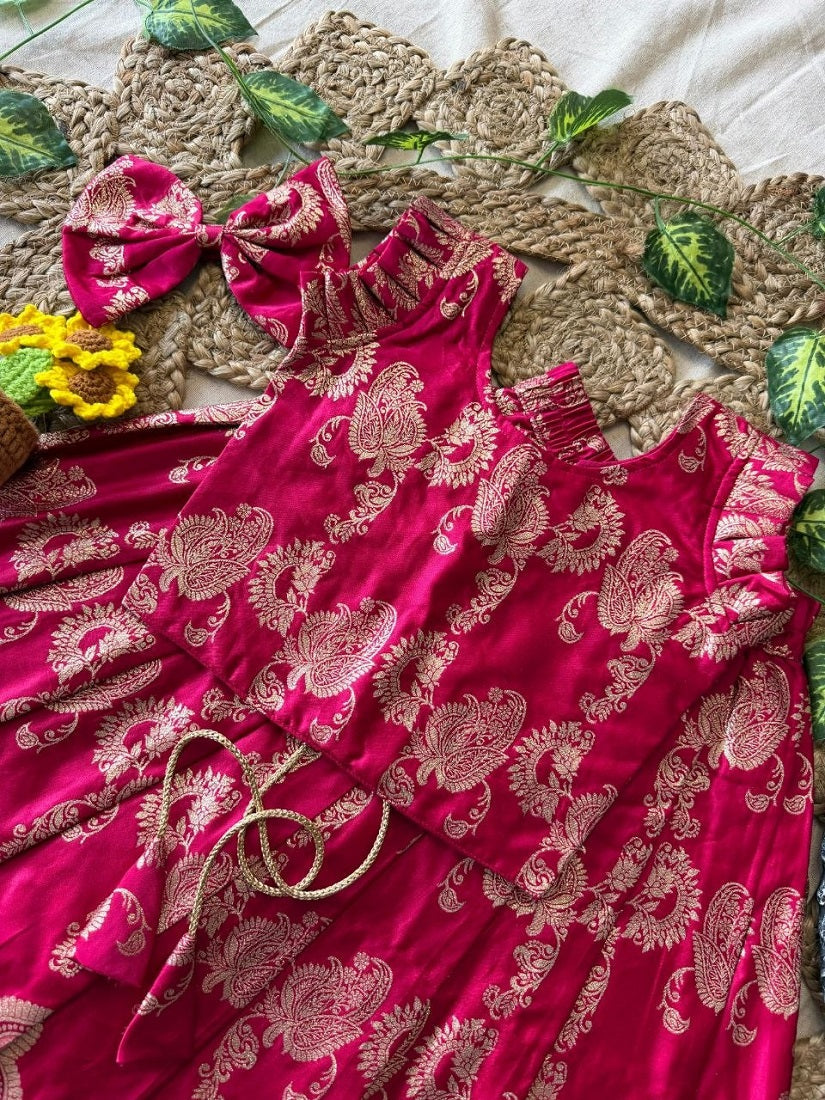 Evanik Ranipink Banarasi Silk Kids Lehenga Choli Set with Zari Jacquard Work for Girls | Grocsy