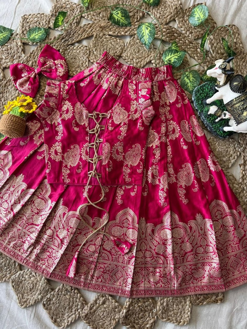 Evanik Ranipink Banarasi Silk Kids Lehenga Choli Set with Zari Jacquard Work for Girls | Grocsy