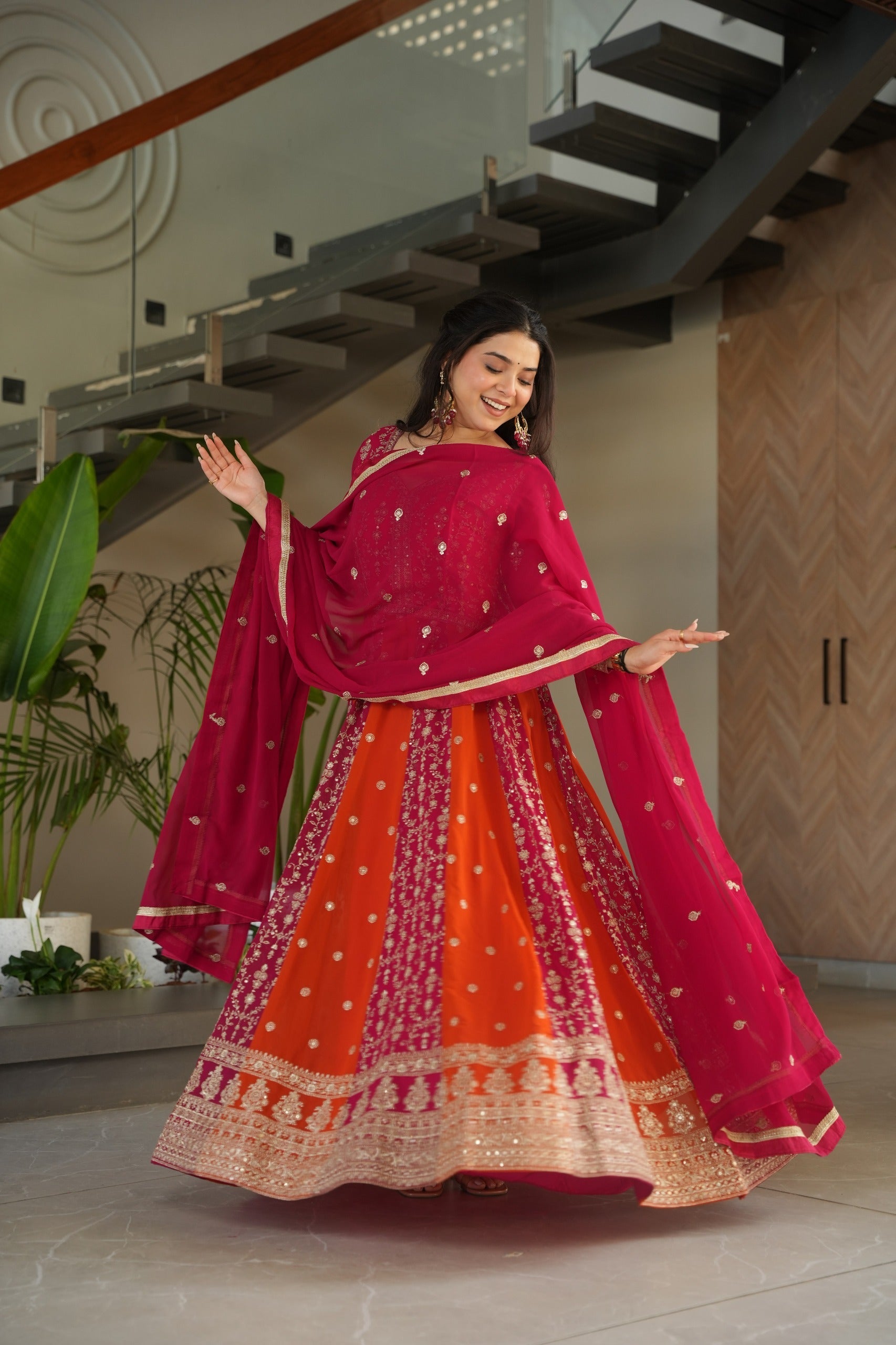 Evanik Rani Pink Faux Georgette With Zari & Sequins Embroidered work Wedding Gown | Grocsy
