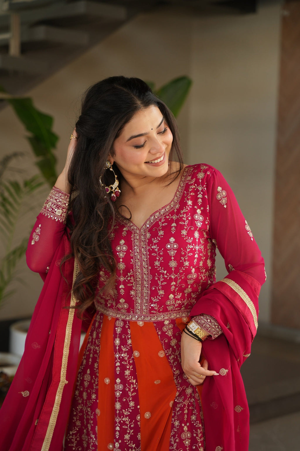 Evanik Rani Pink Faux Georgette With Zari & Sequins Embroidered work Wedding Gown | Grocsy