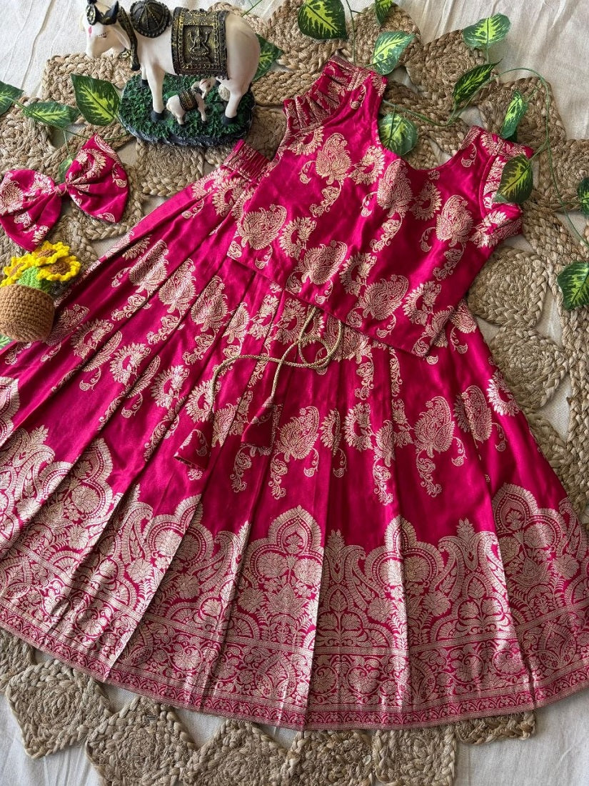 Evanik Ranipink Banarasi Silk Kids Lehenga Choli Set with Zari Jacquard Work for Girls | Grocsy