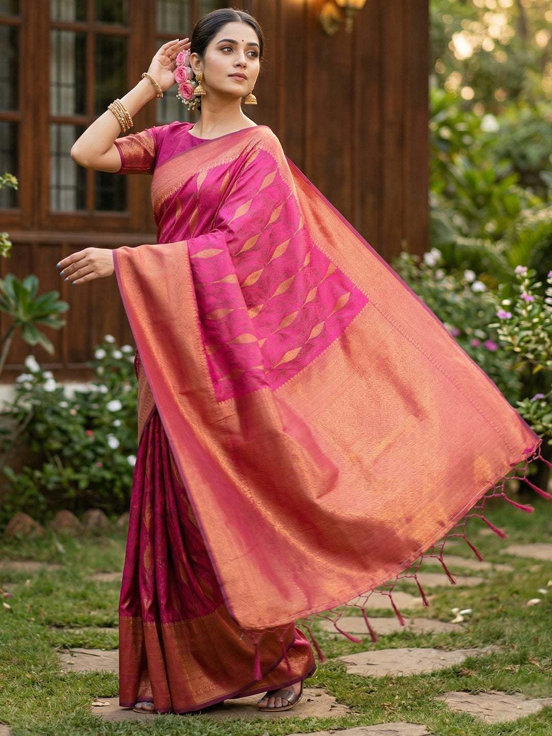 Anaita Rani Pink Silk Blend Woven Saree With Blouse | Grocsy