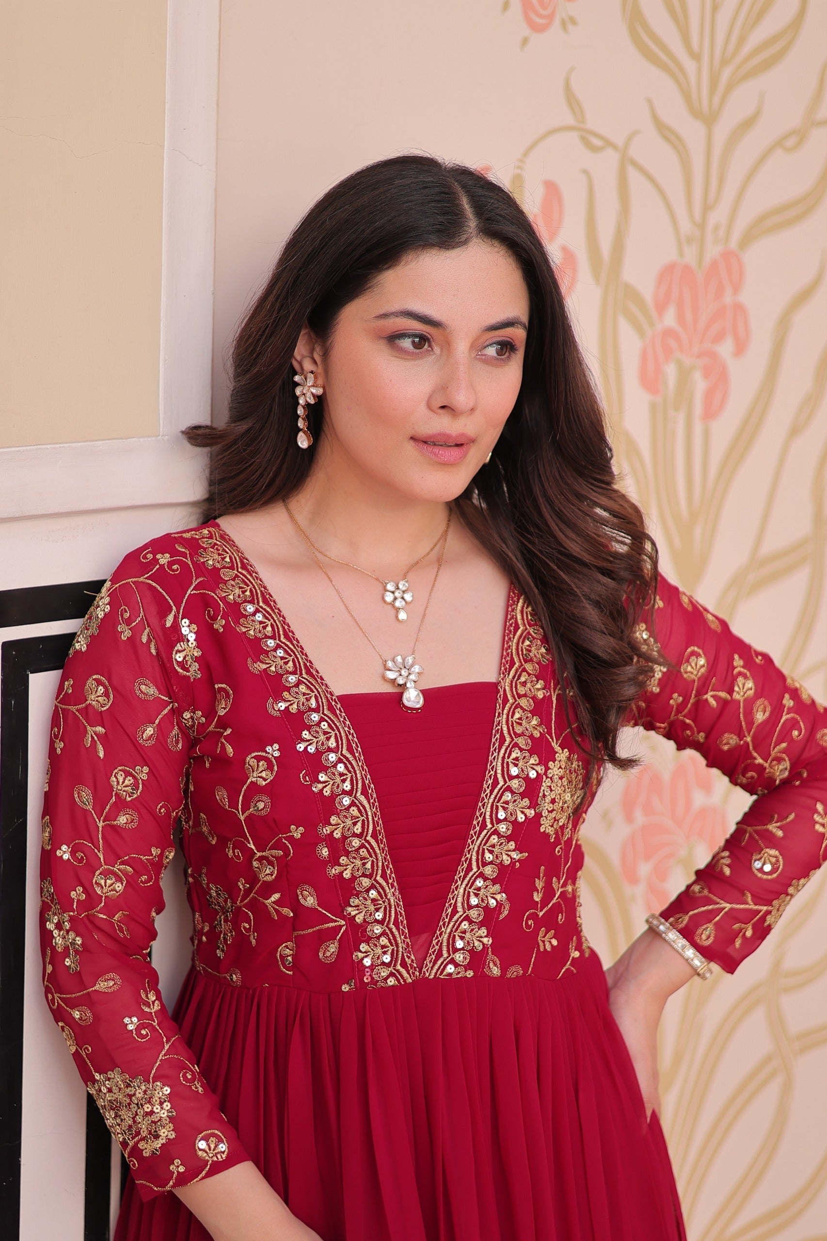 Evanik Rani Pink Faux Blooming With Sequins & Zari Embroidered work Gown | Grocsy