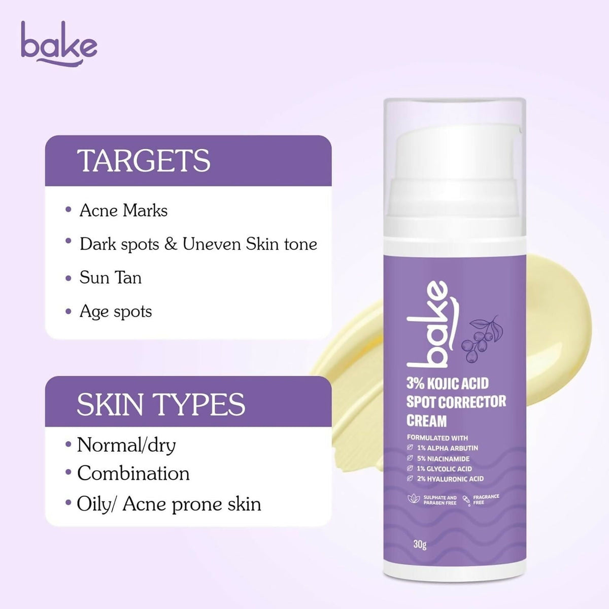 BAKE 3% Kojic Acid Spot Corrector Cream with Alpha Arbutin for Pigmentation | Grocsy