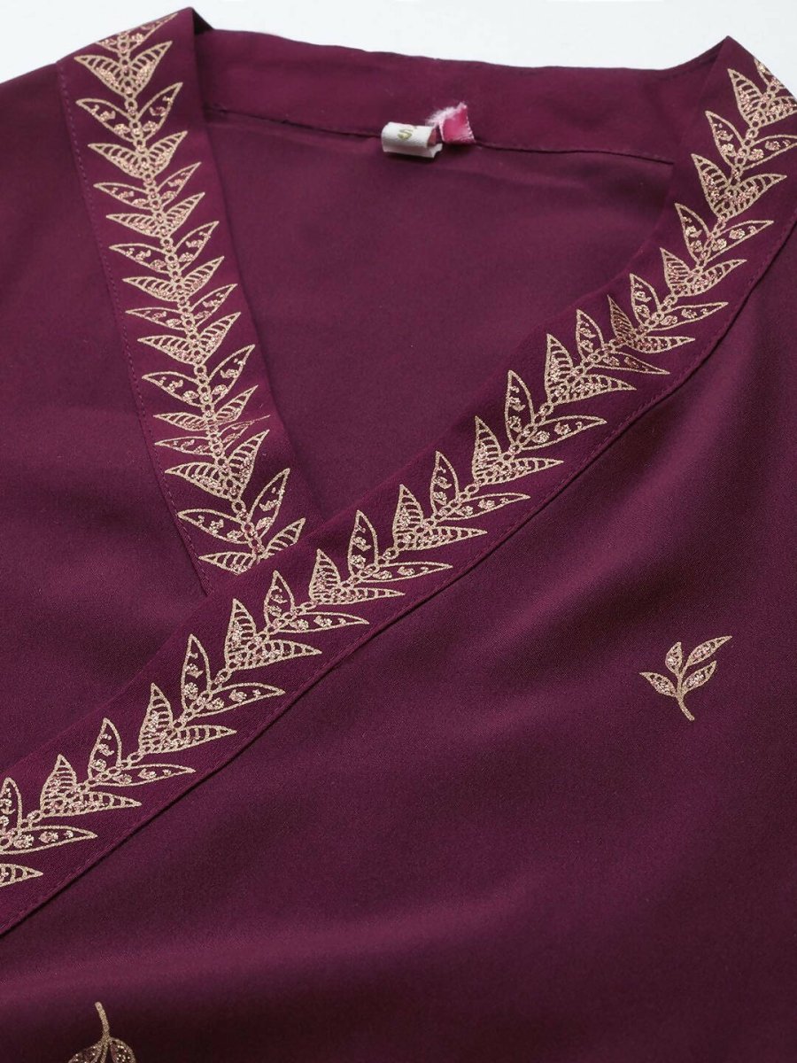 Ahalyaa Women Rose Pink Crepe Kurta Palazzos Set With Burgundy Jacket | Grocsy