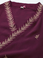 Ahalyaa Women Rose Pink Crepe Kurta Palazzos Set With Burgundy Jacket | Grocsy
