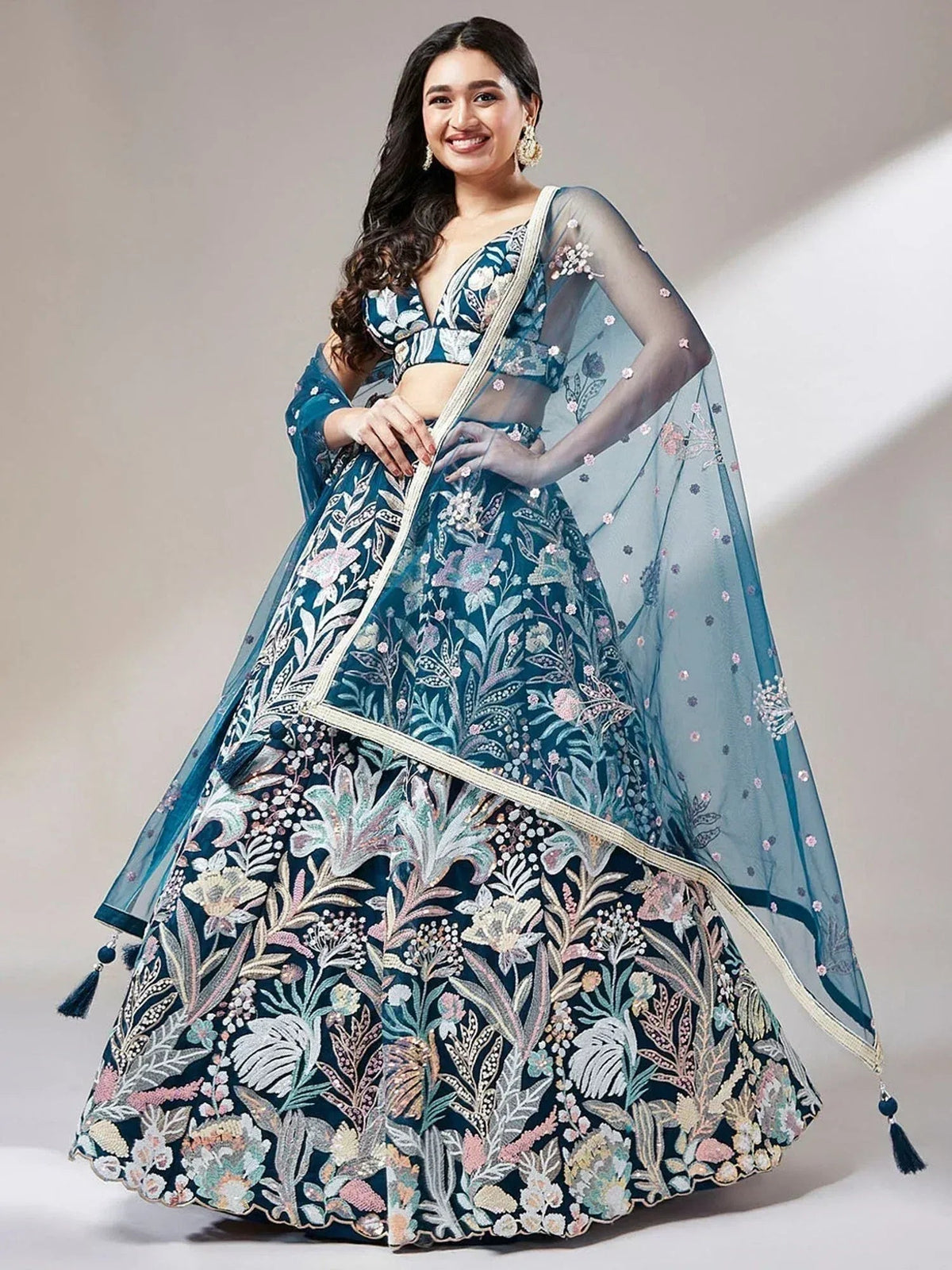 Tulsi Art Ravishing Teal Blue Color Sequins Soft Net Party Wear Lehenga Choli | Grocsy
