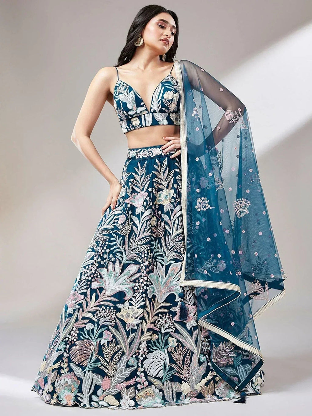 Tulsi Art Ravishing Teal Blue Color Sequins Soft Net Party Wear Lehenga Choli | Grocsy