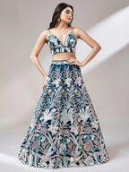 Tulsi Art Ravishing Teal Blue Color Sequins Soft Net Party Wear Lehenga Choli | Grocsy