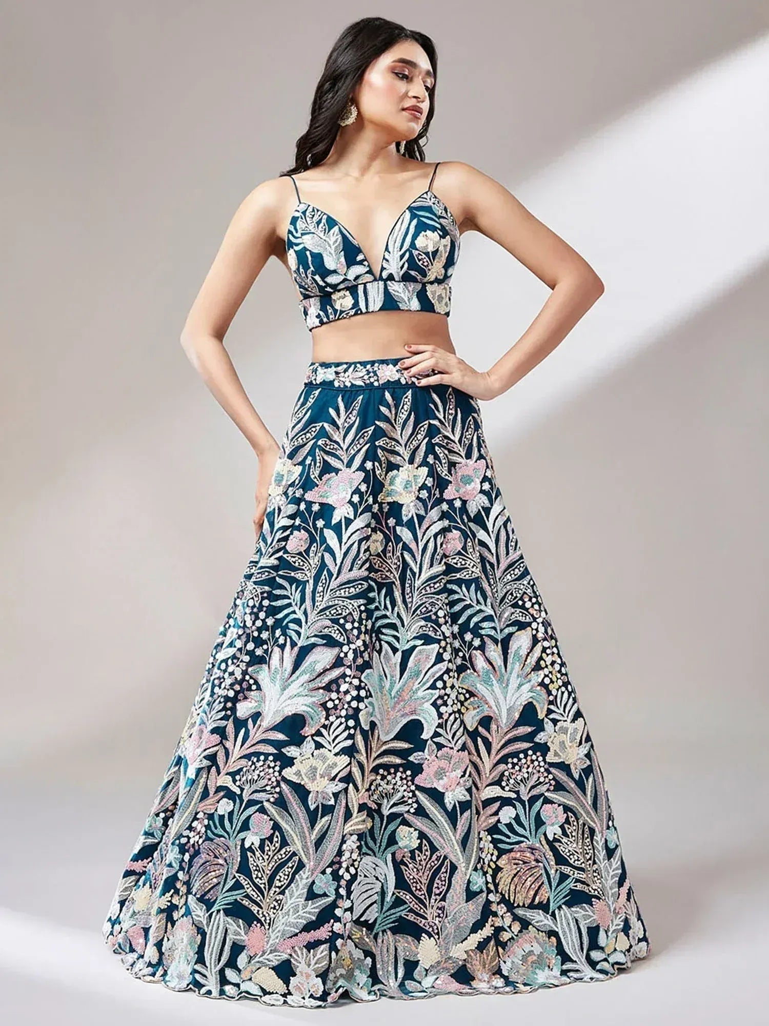 Tulsi Art Ravishing Teal Blue Color Sequins Soft Net Party Wear Lehenga Choli | Grocsy