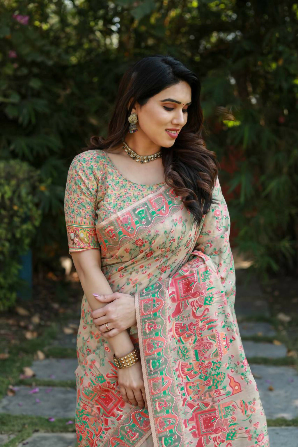 Vastranavya Luxury and Beautiful Soft, Smooth, Flowing Original Pashmina Soft Cotton Saree with Matching Blouse Fabric - Cream | Grocsy