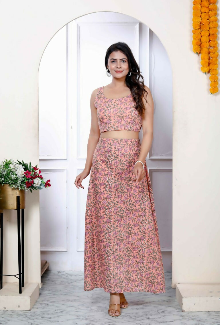 Miravan Women's Orange Floral Printed Crop Top And Skirt Co-Ord Set | Grocsy