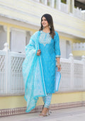 Partywear Designer sky blue cotton Stitched Suit With Dupatta - Tanisha | Grocsy