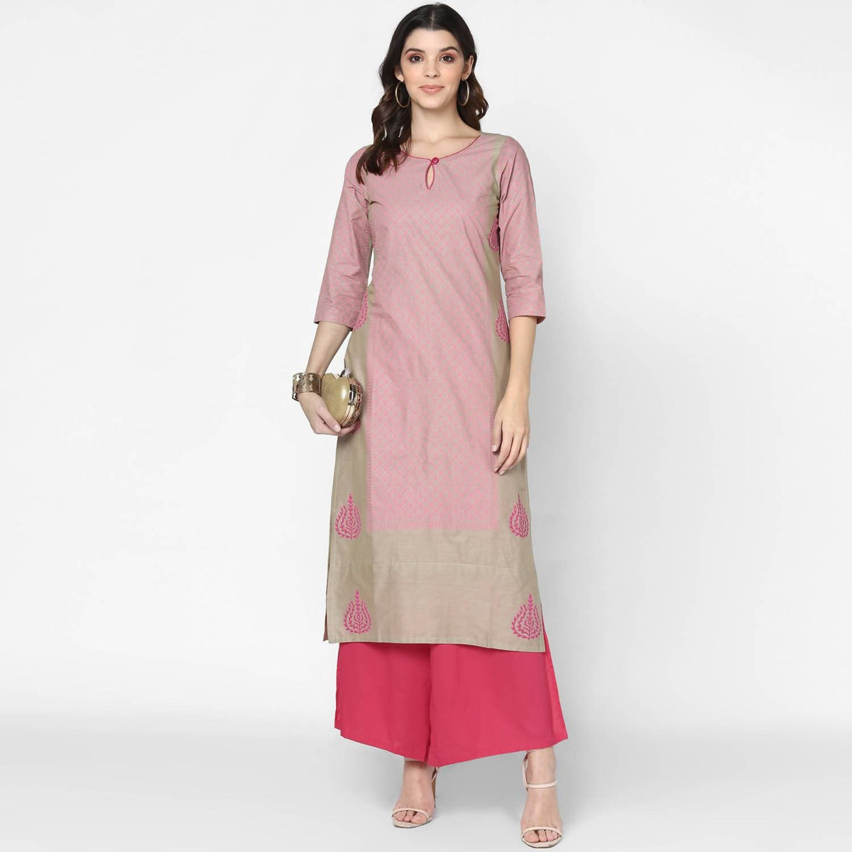Cheera Hand Block Print Khaki Straight Kurta (MAAI-051K) | Grocsy