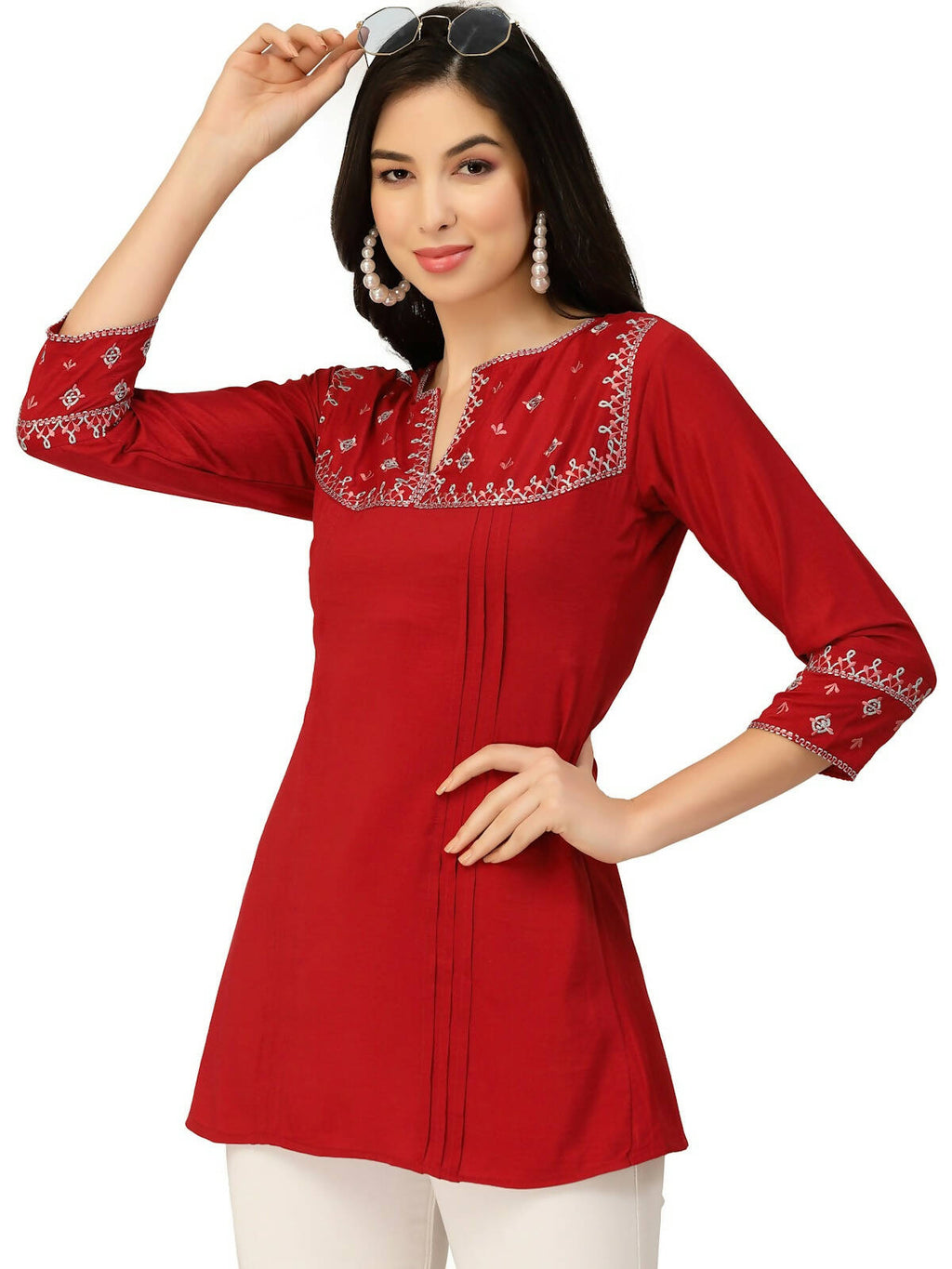 Red Chinon Floral Embroidered Top - Zeny | Grocsy
