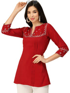 Red Chinon Floral Embroidered Top - Zeny | Grocsy