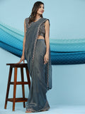 Teal Lycra Shimmer Pattern Ready to Wear Saree with stitched Blouse - Nirvana | Grocsy