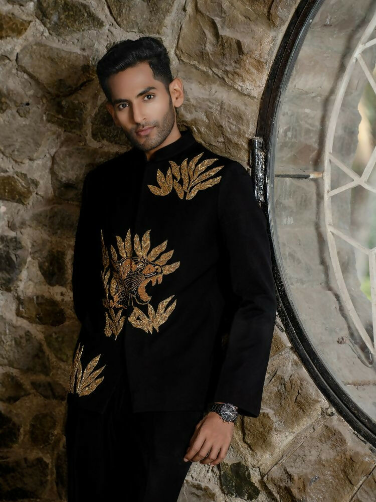 Black Bandhgala With Embroidery-Leaves by Hilo Design | Grocsy