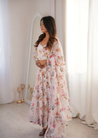 Teeya Creation Cream Faux Georgette Digital Print Party Wear Long Gown | Grocsy