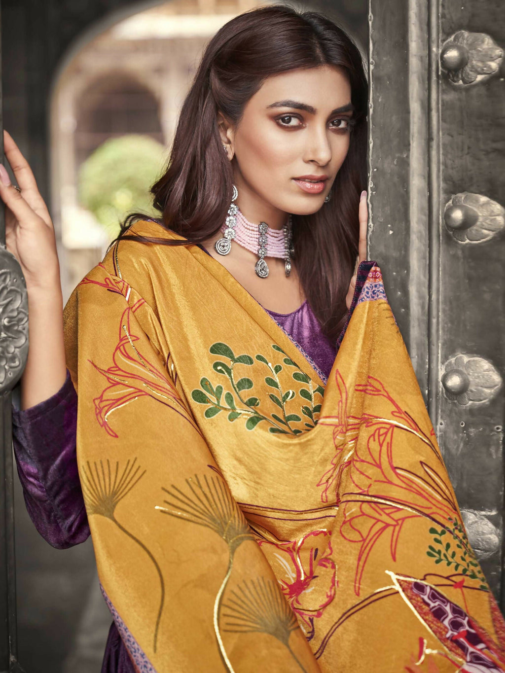 Jyoti Fashion Women's Purple Velvet Floral Digital Printed Kurta with Trouser & Dupatta | Grocsy