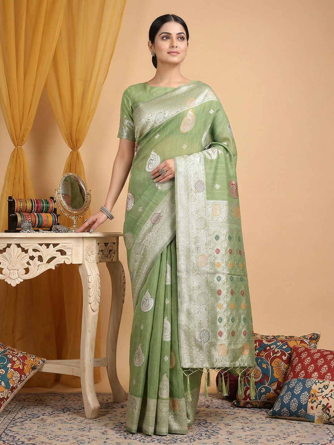 Shree Shyam Fashion Light Green Linen Cotton Saree | Grocsy
