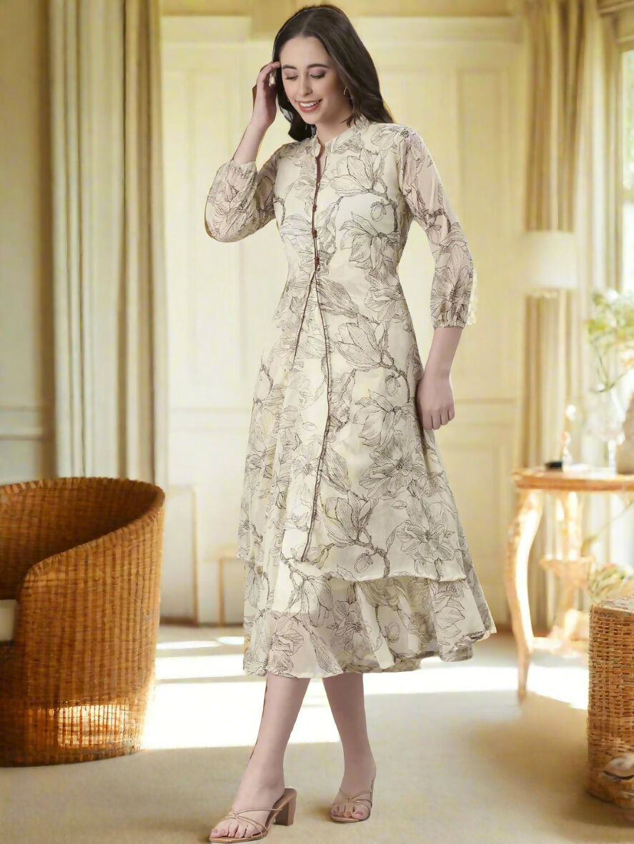 Souchii Floral Tiered Midi Dress For Women – Elegant Beige Button-Front A-Line | Grocsy