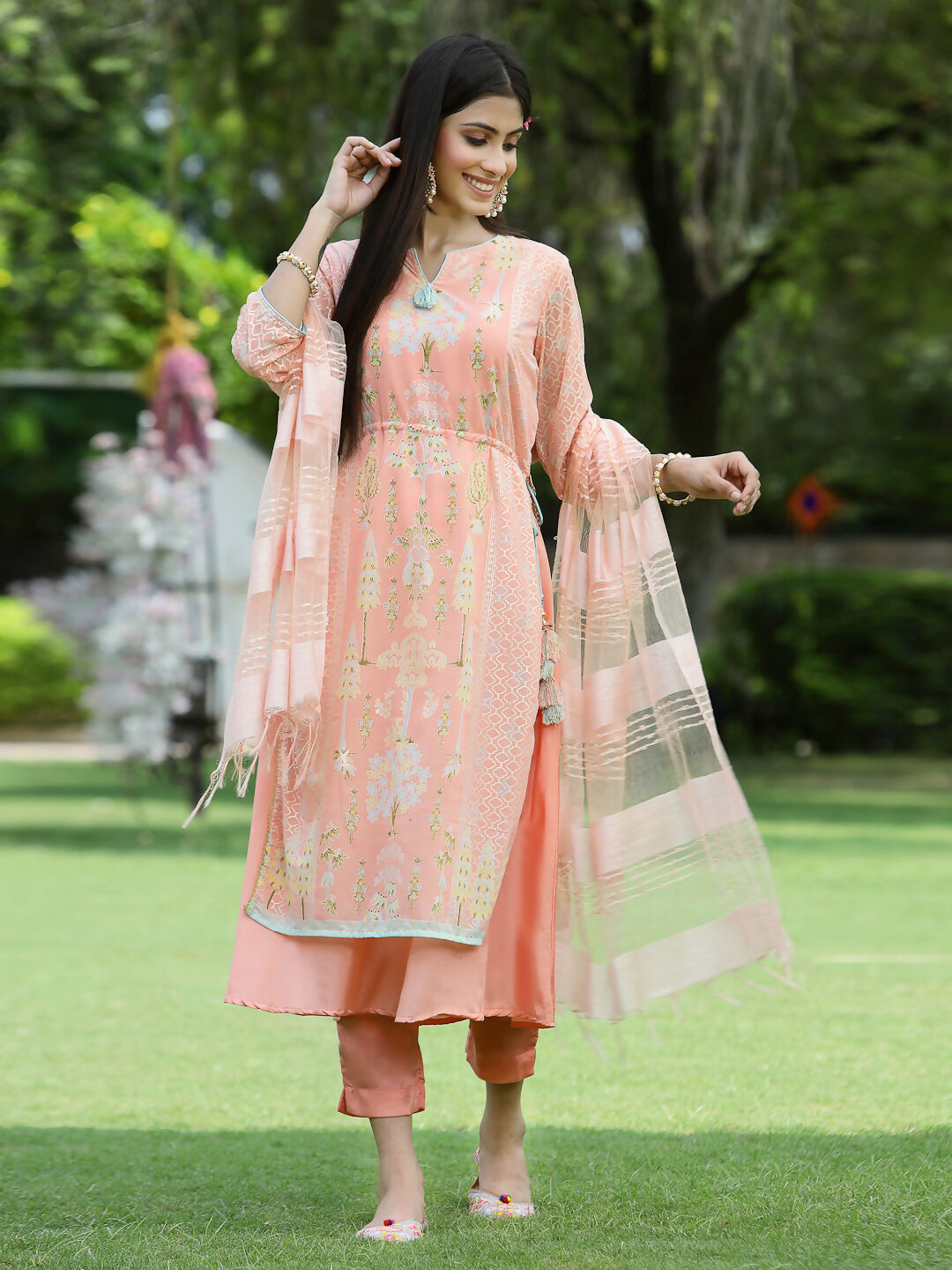 Juniper Orange Ethnic Motif Printed Georgette Kurta Pants & Dupatta Set With Tassels & Lace | Grocsy