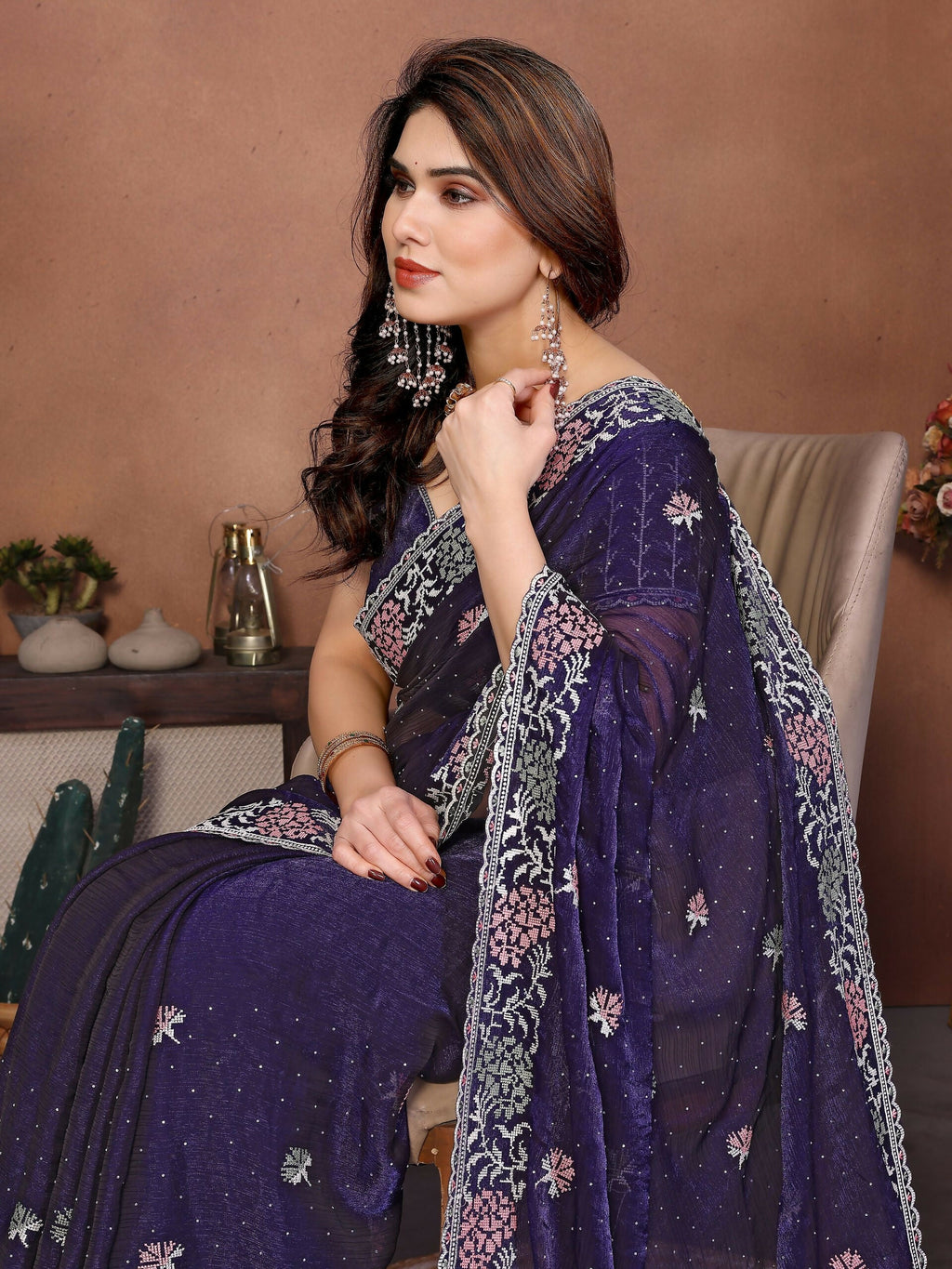 Teeya Creation New Womens Latest Party Wear Soft Chiffon Silk Saree-Purple | Grocsy