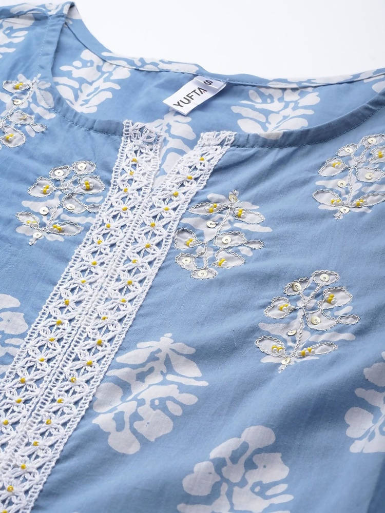 Yufta Blue & White A-Line Dupatta Set | Grocsy