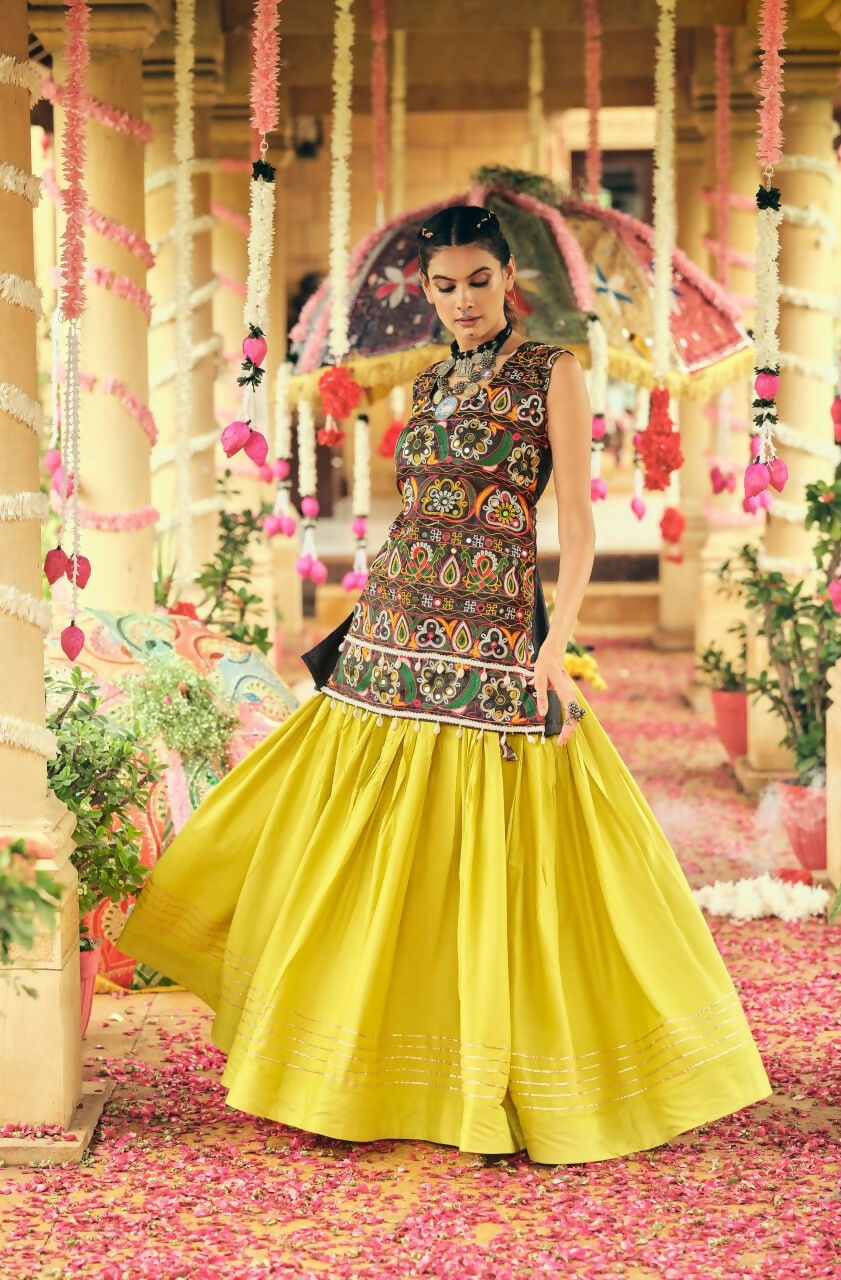 Teeya Creation Lemon Yellow Colour Rayon Silk Embroidery Work Fully Stitched Navratri Lehenga | Grocsy