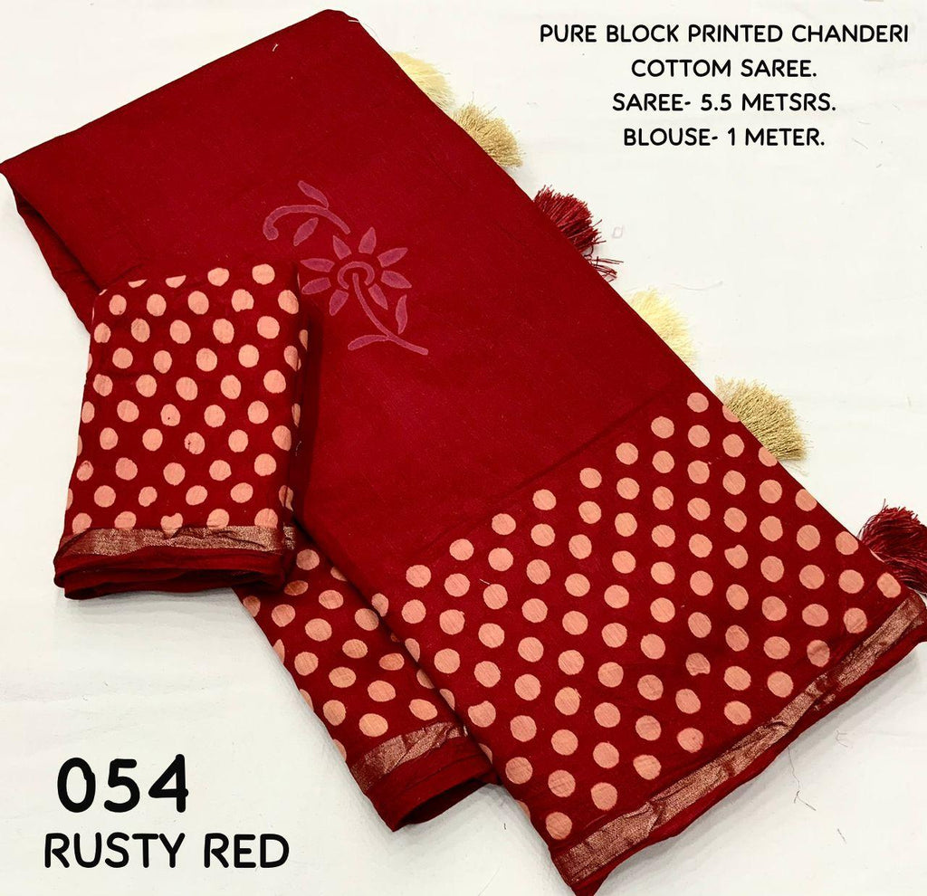Red Pure Chanderi Hand Block Saree with Unstitched Blouse - Hiral Fashion | Grocsy