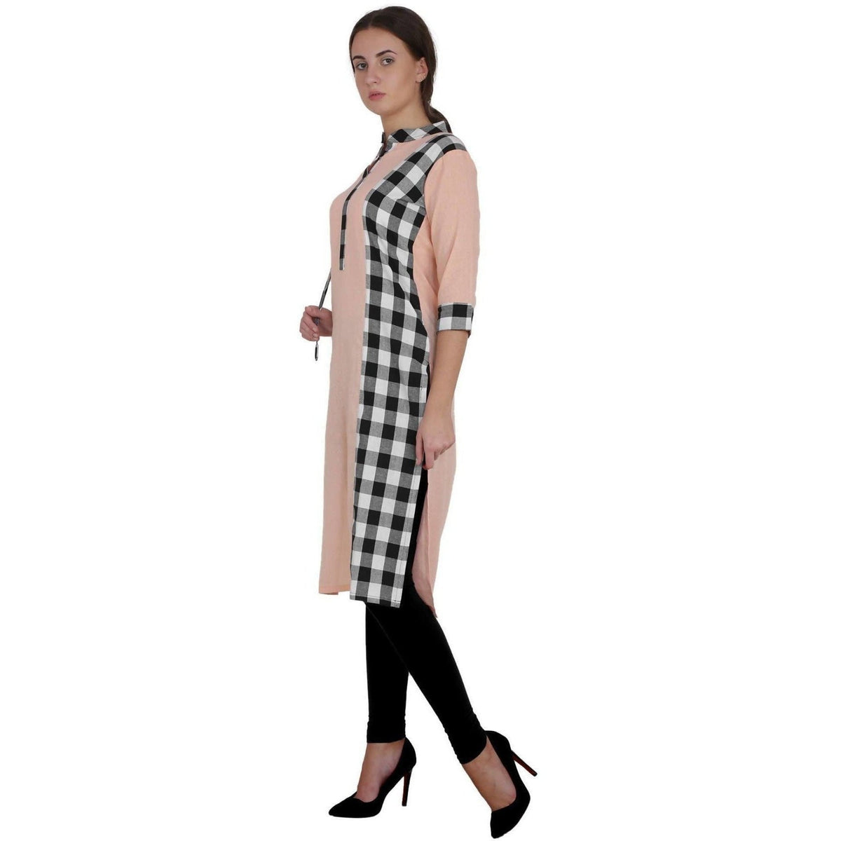 Kanoor Women's Peach Cotton Straight Kurti | Grocsy