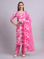 Joban Fashion Pink Cotton Floral Printed & Embroidery Work Kurta With Trousers & Dupatta Set | Grocsy