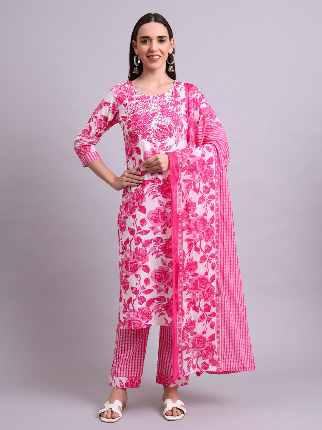 Joban Fashion Pink Cotton Floral Printed & Embroidery Work Kurta With Trousers & Dupatta Set | Grocsy