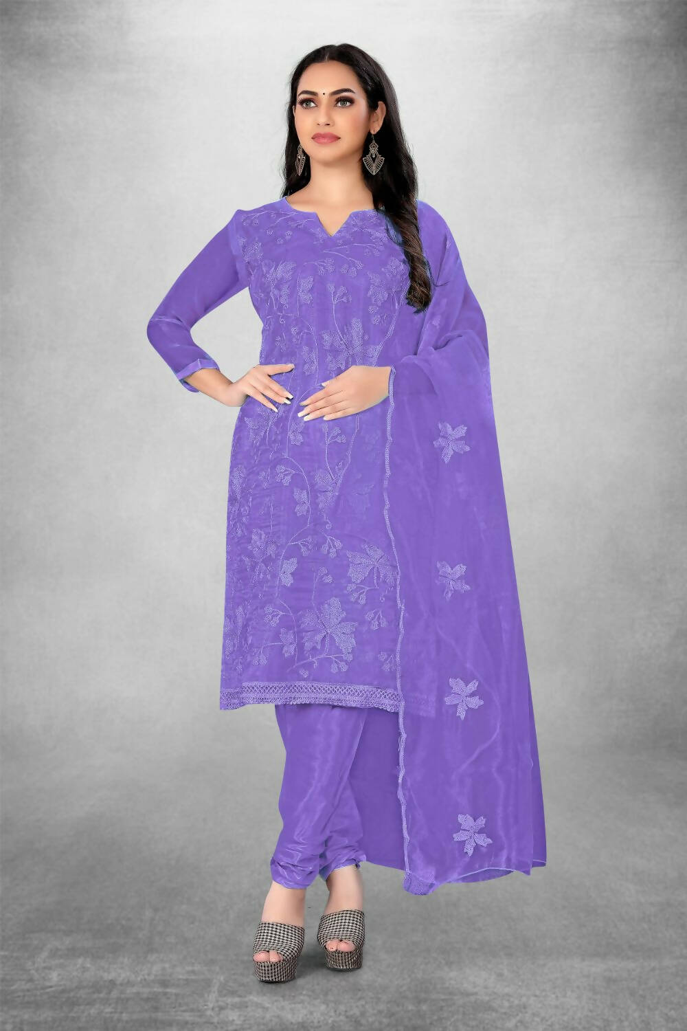 Lavender Heavy Organza Silk Embroidered Unstitched Dress Material - Amara | Grocsy